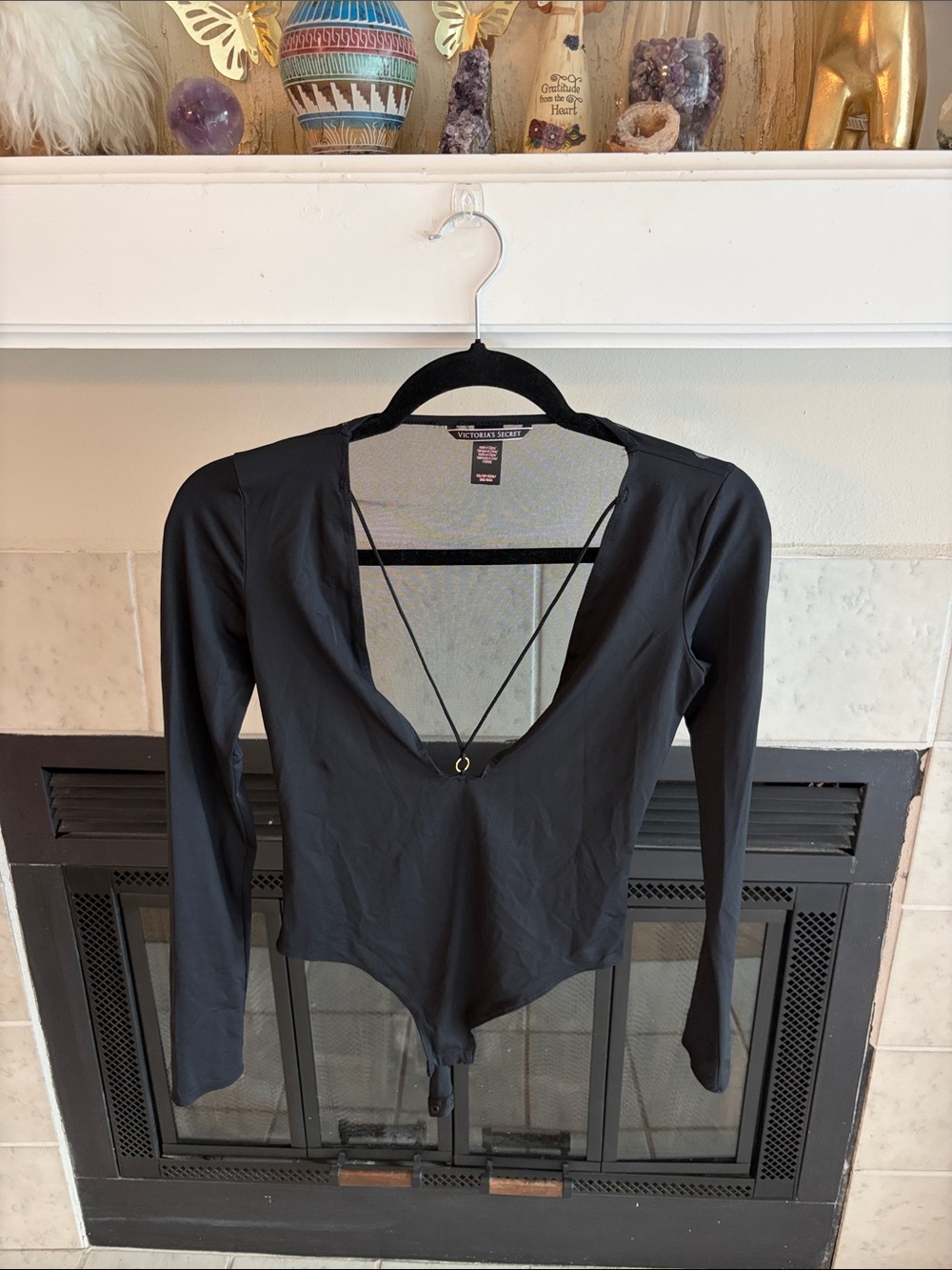 Victoria's Secret Black Long-Sleeve Deep V Strap-Detail Bodysuit
